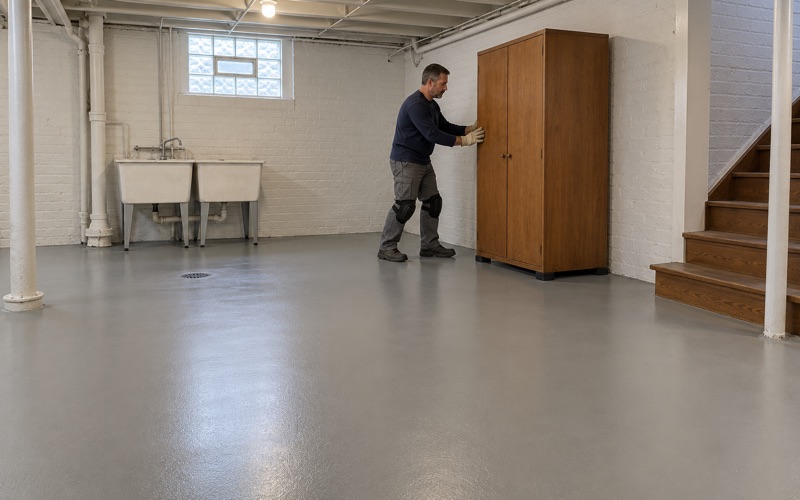 A warm gray epoxy floor finished around the laundry tubs and floor drain of a Berwyn bungalow basement.