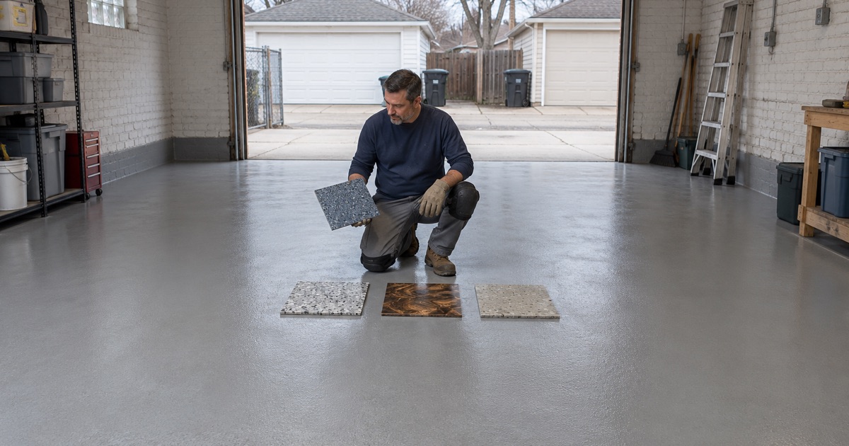 Flake, metallic, polished and quartz sample boards laid out on a gray base coat in a Berwyn alley garage.
