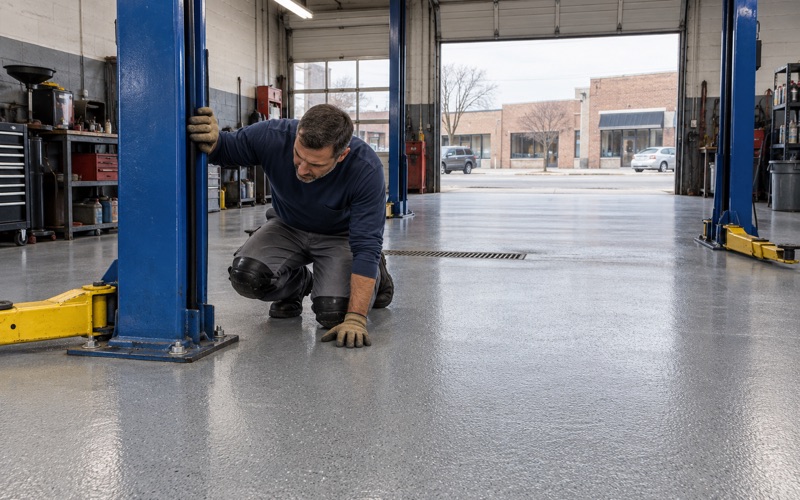 A new slip-resistant coating in a Berwyn auto repair bay, sealed up to the base plates of a two-post lift.