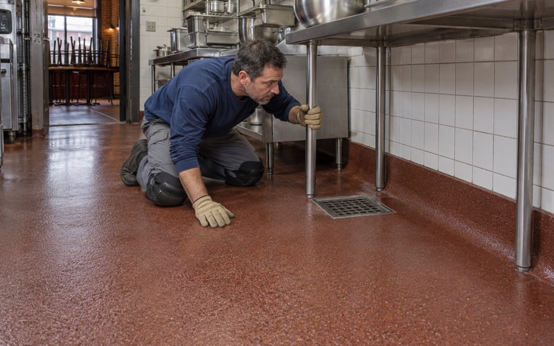 A red textured urethane cement kitchen floor in a Berwyn restaurant, its integral cove base checked at a table leg.