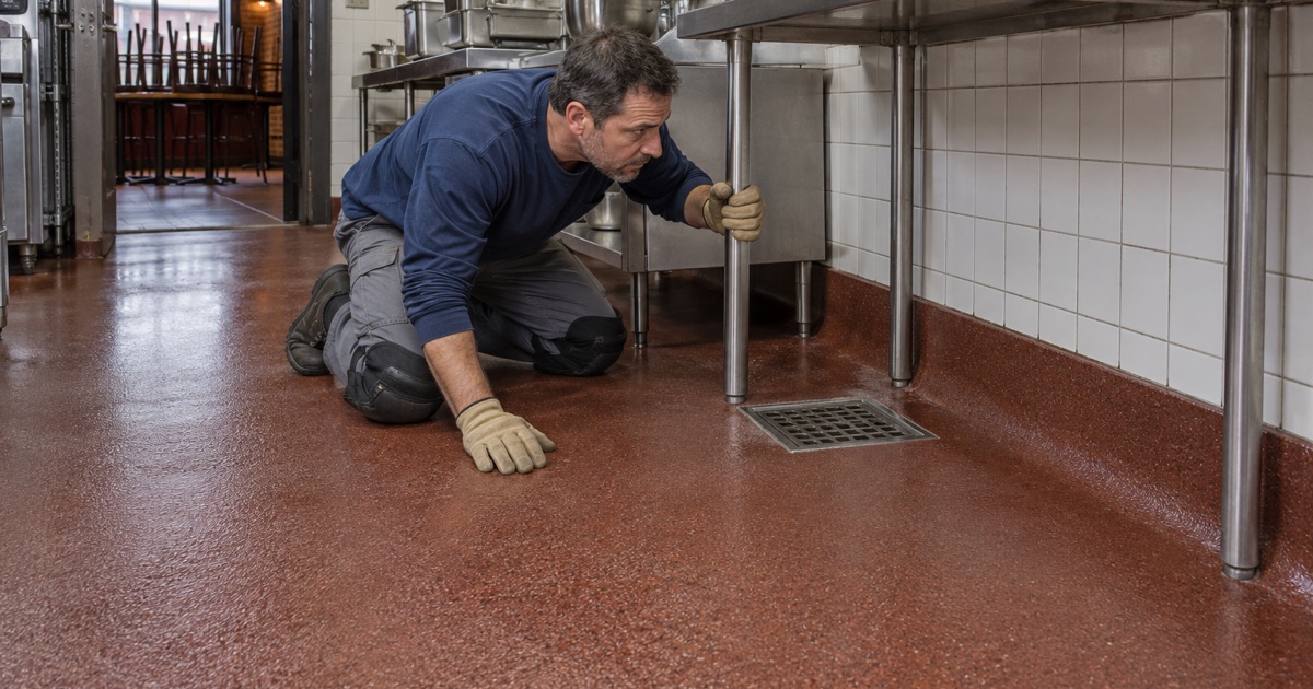 A red textured urethane cement kitchen floor in a Berwyn restaurant, its integral cove base checked at a table leg.