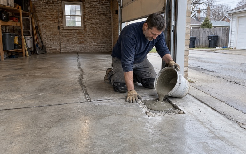 Repair mortar poured into a saw-cut patch in an old Berwyn garage slab, a routed crack filled behind it.