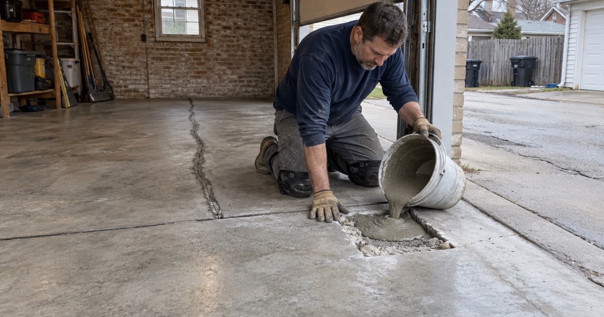Repair mortar poured into a saw-cut patch in an old Berwyn garage slab, a routed crack filled behind it.