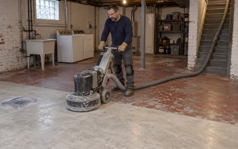 A planetary grinder taking decades of floor paint off a Berwyn bungalow basement slab, half the floor ground clean.