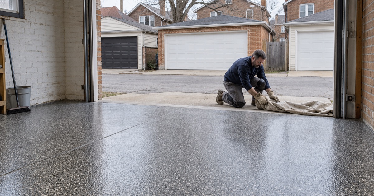 A new charcoal and cream flake floor in a detached alley garage behind a Berwyn bungalow, the drop cloth being gathered off the apron.