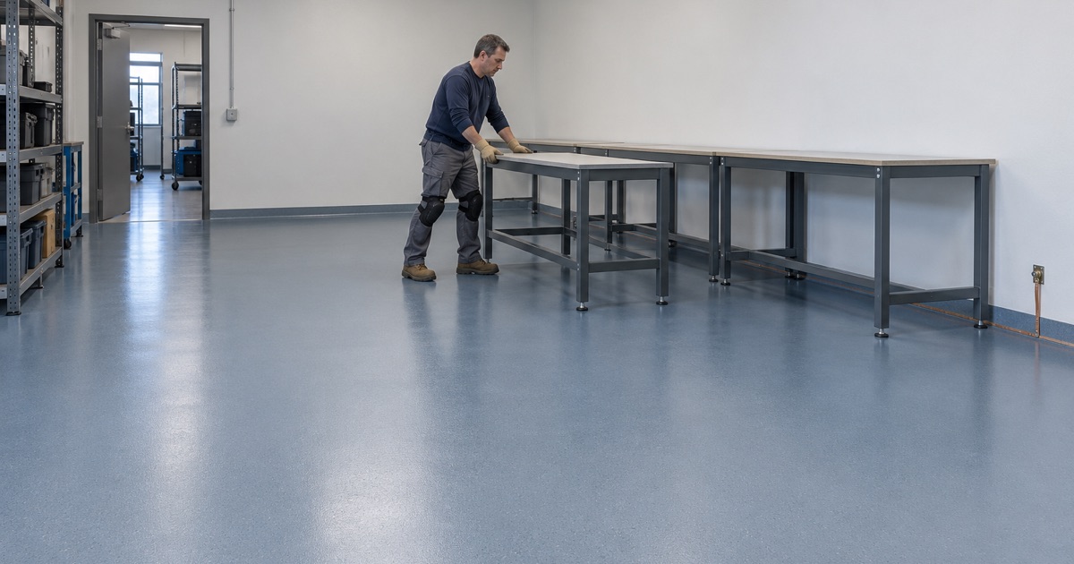 A steel workbench slid back onto a new static-dissipative floor in an electronics repair room.