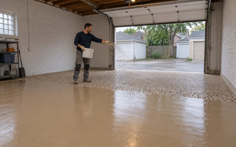 Vinyl flake mid-throw over a wet tan base coat in a detached Berwyn garage, half the floor already broadcast.