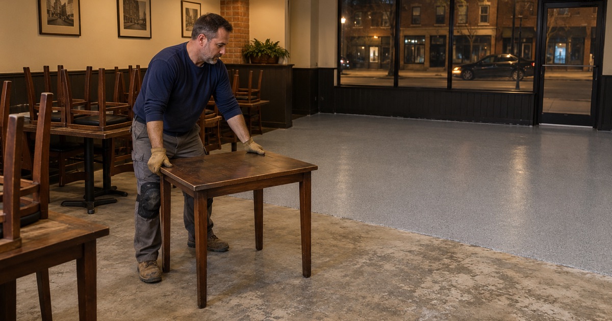 A Berwyn restaurant dining room being recoated overnight, tables moved off the finished half after closing.