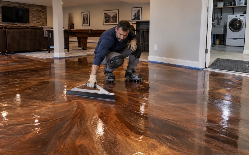 Copper and bronze metallic epoxy being worked across a Berwyn bungalow basement rec room floor.