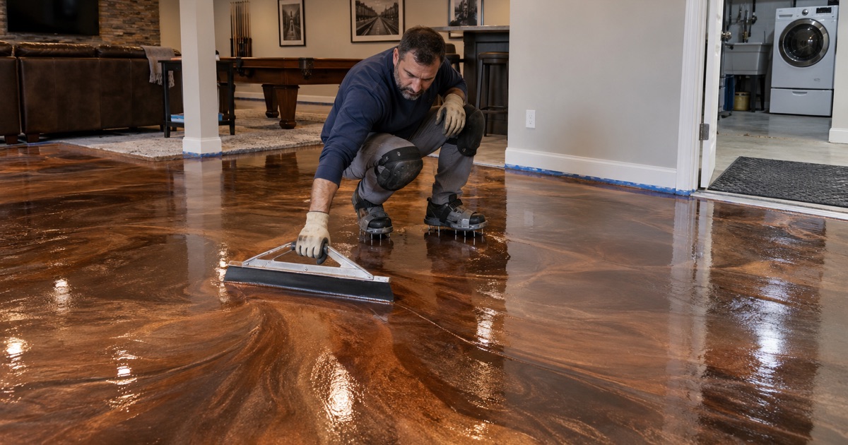 Copper and bronze metallic epoxy being worked across a Berwyn bungalow basement rec room floor.