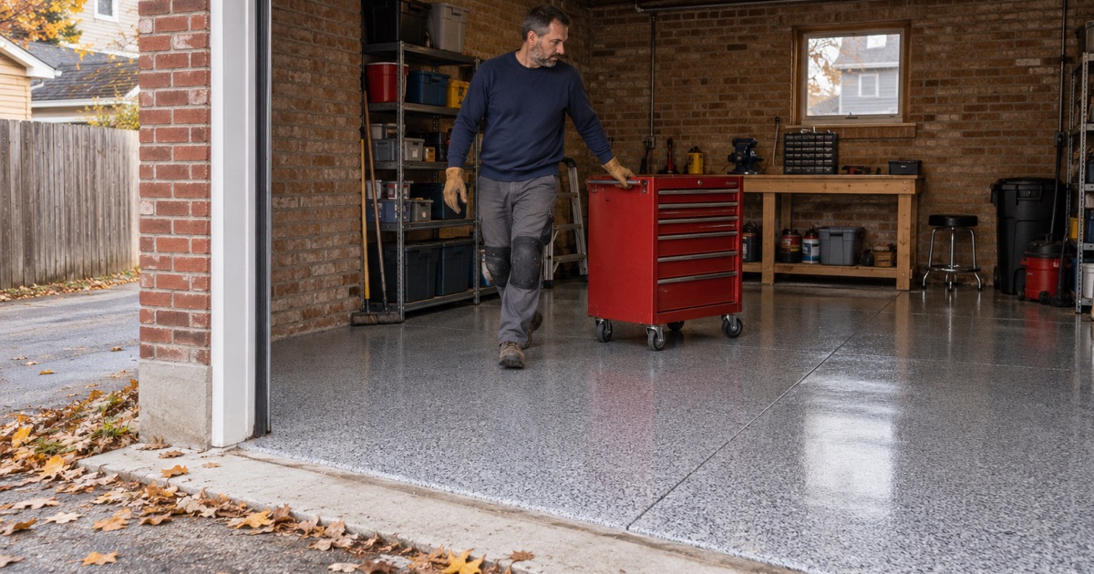 A tool chest rolled back onto a same-day polyaspartic flake floor in a Berwyn detached garage.