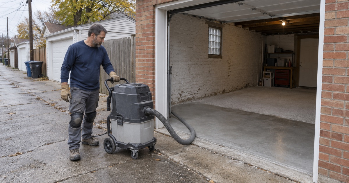 A dust extractor staged in a Berwyn alley beside a detached garage, its hose running in to a slab ground halfway.